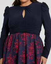 Navy Long Sleeve High Neck Brocade Gown